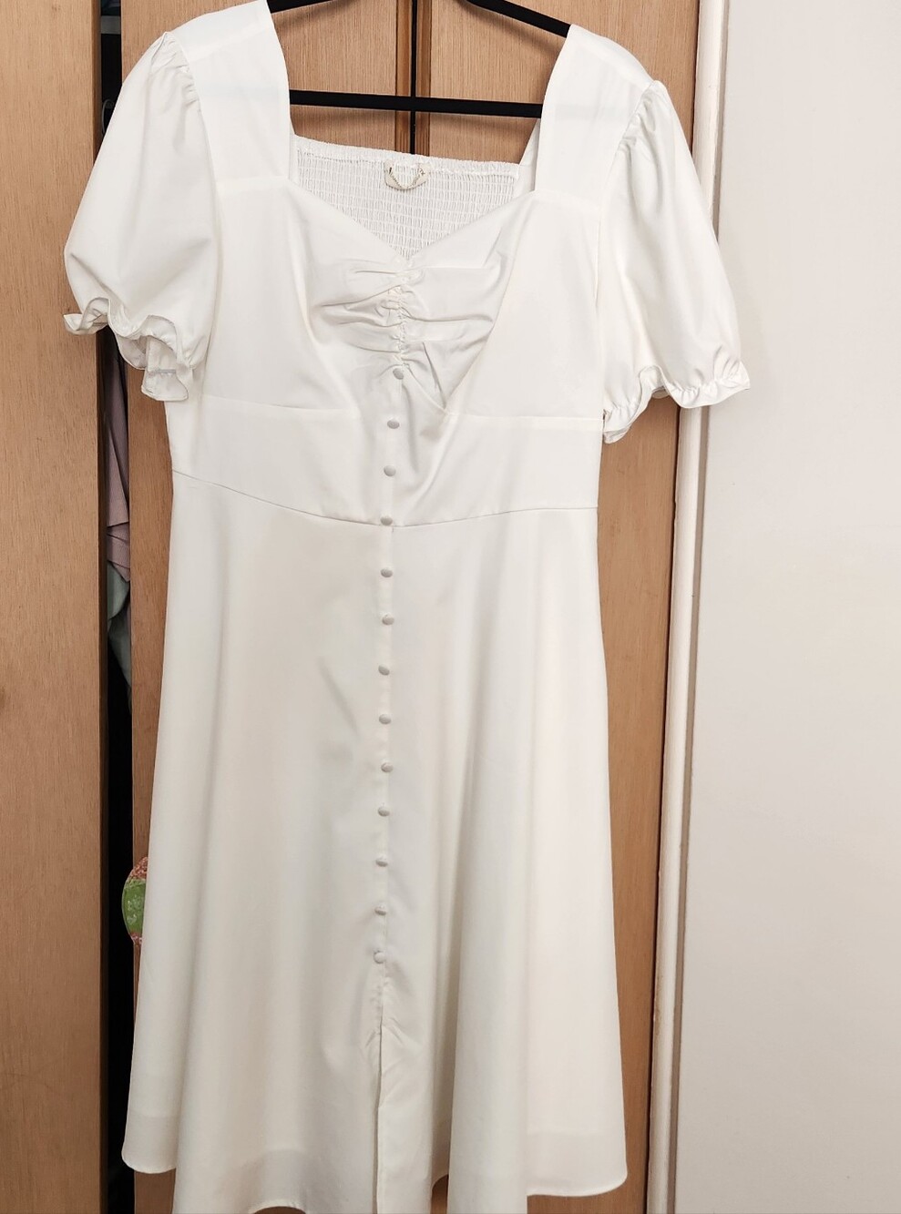 Ivory Puff-Sleeve Midi Dress with Button Front